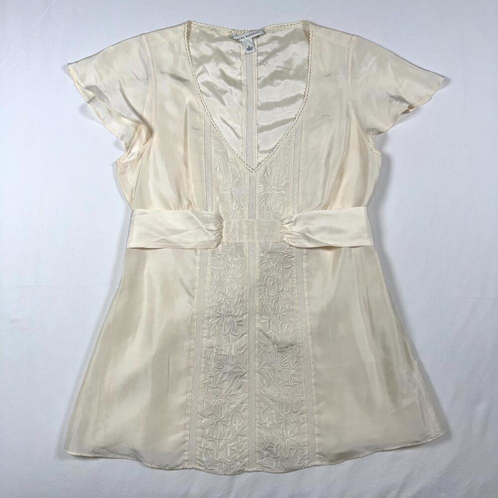 Banana Republic Tunic Top Women 2 Cream 100% Silk Floral Embroidered Babydoll